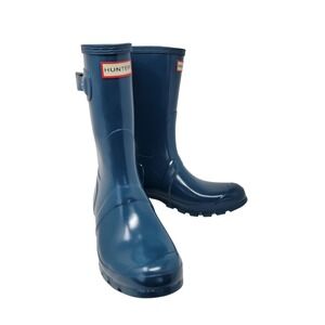 Hunter Original Short Gloss Rain Boots Women 8 Teal Blue Waterproof Wellies